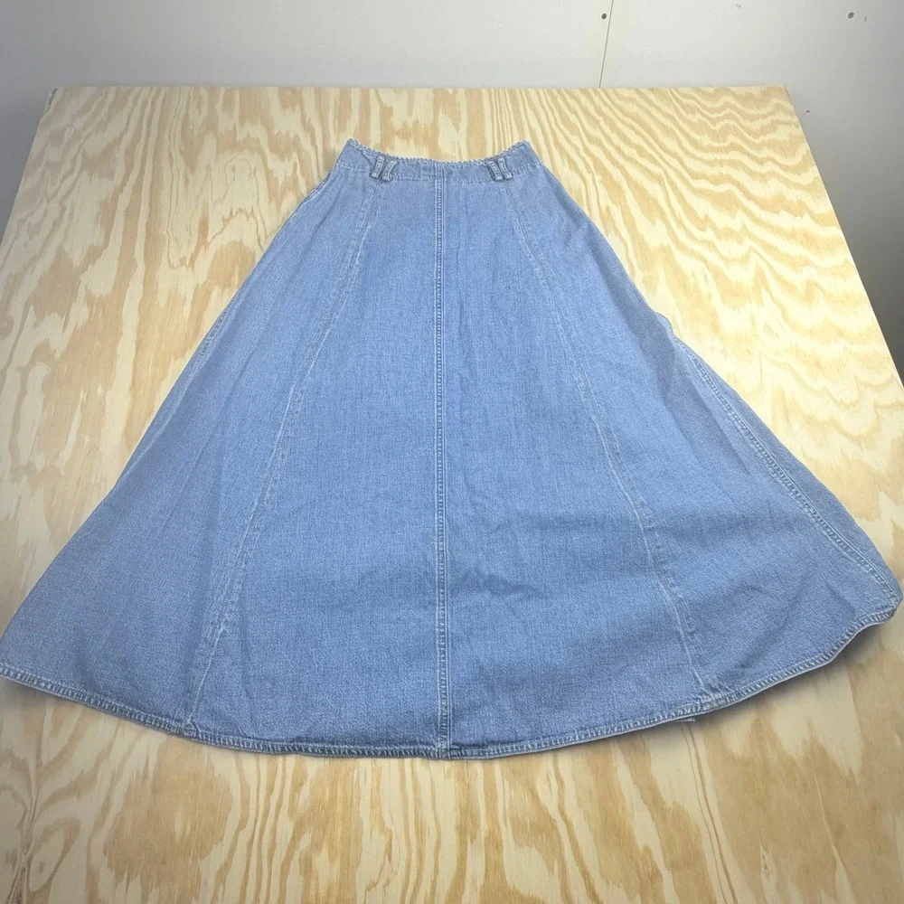 Lizwear Vintage Denim Maxi Skirt Blue Cotton Pleated A-Line High Waist Size 6 - Picture 2 of 8